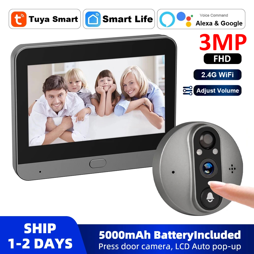 Home Security For Apartments - 3MP WiFi Smart Tuya Peephole 5000mAh